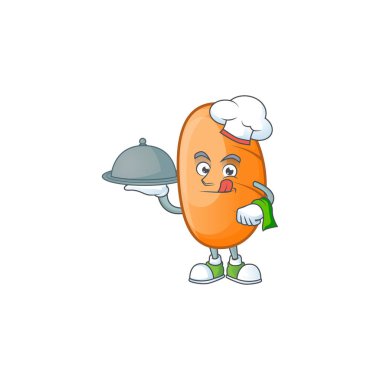 Uzun somun çizgi film karakteri, elinde yemek maskotu tutan şef.