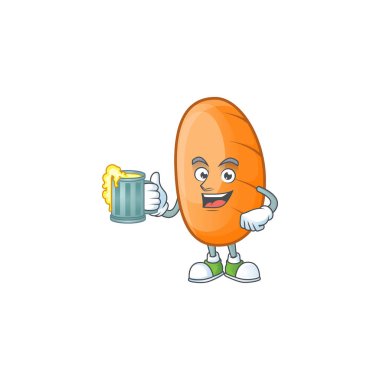 Elinde meyve suyu maskotu olan uzun somun çizgi film karakteri.
