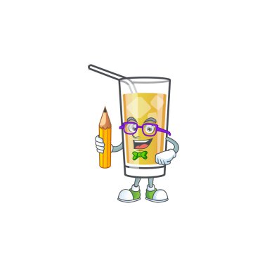 Karakter öğrencisinin elinde kalem tuttuğu elma şırası.