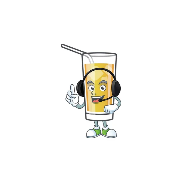 Apple cider cartoon met mascotte karakter met hoofdtelefoon — Stockvector