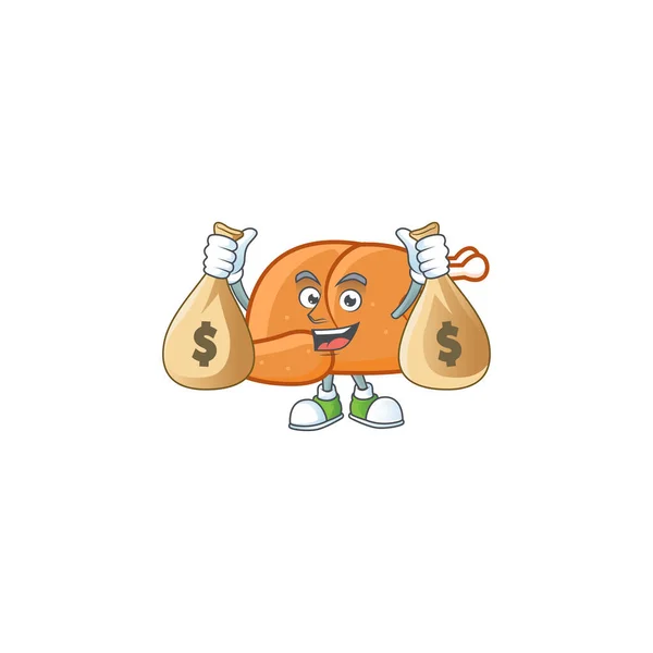 Caricatura de comida de peru assado com caráter segurando saco de dinheiro — Vetor de Stock