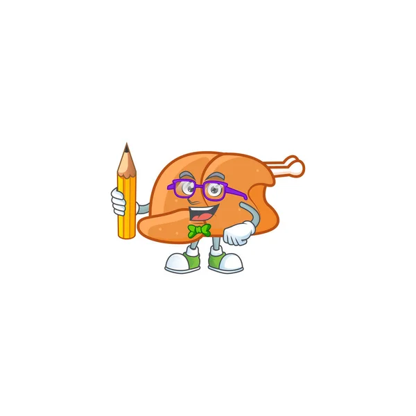 Desenhos animados assado peru na forma de personagem estudante segurando lápis — Vetor de Stock