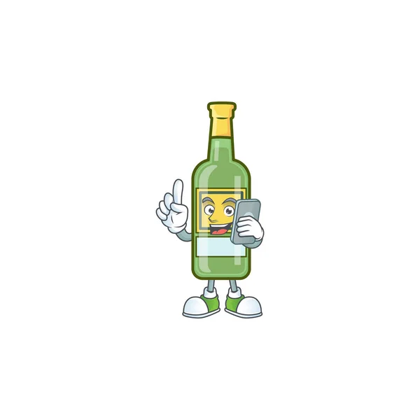 Cartoon whiskey fles met karakter vorm met holding telefoon — Stockvector