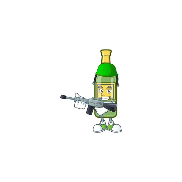 Cartoon whiskey fles met karakter vorm leger — Stockvector