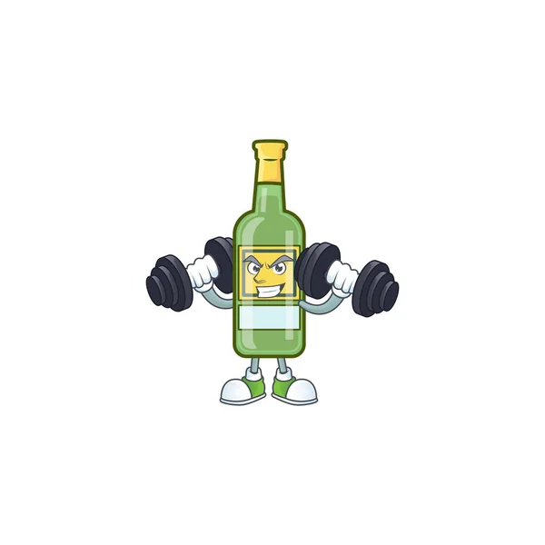 Cartoon-Whiskeyflasche mit Charakterform mit mitgebrachter Hantel — Stockvektor