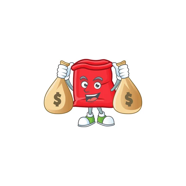 Röd Tomte väska öppen med innehav pengar väska tecknad — Stock vektor