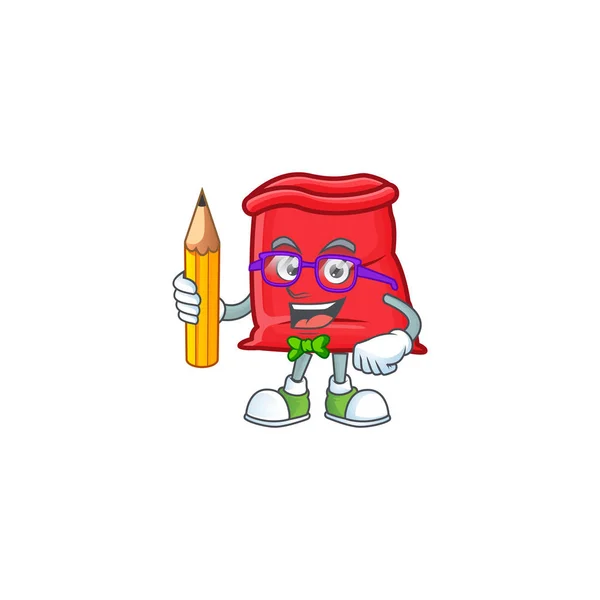 Estudante personagem segurando lápis no saco de Santa aberto — Vetor de Stock