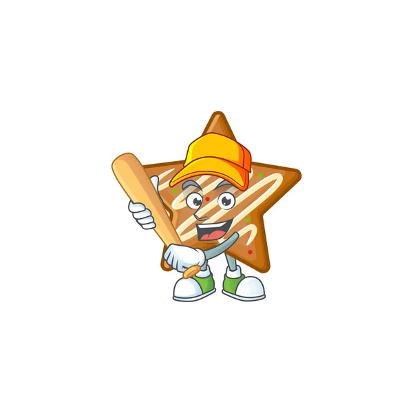 Cartoon τραγανά μπισκότα αστέρων με το χαρακτήρα που παίζει μπέιζμπολ — Διανυσματικό Αρχείο