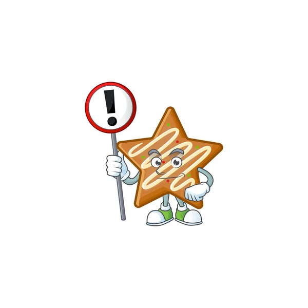 Cartoon τραγανά μπισκότα αστέρων με το χαρακτήρα με προειδοποίηση σημάδι — Διανυσματικό Αρχείο