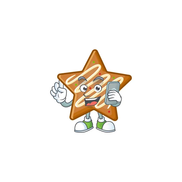 Cartoon τραγανά μπισκότα αστέρων με το χαρακτήρα με κρατώντας το τηλέφωνο — Διανυσματικό Αρχείο