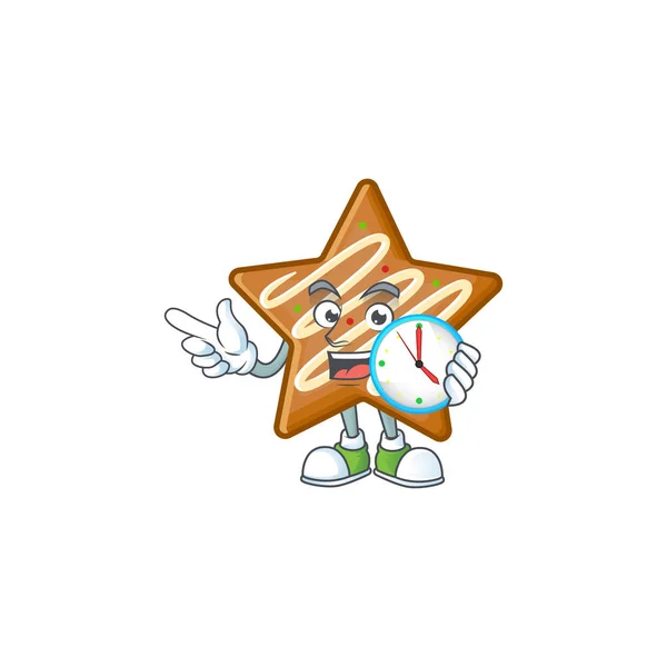 Star biscoitos desenhos animados com a mascote com relógio trazer —  Vetores de Stock