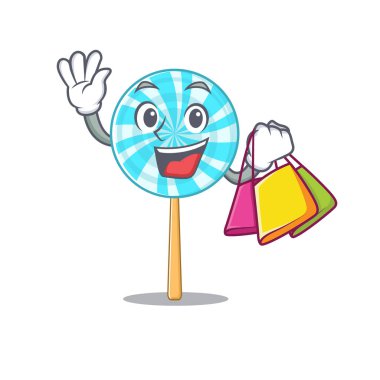 Neşeli lolipop çizgi film karakteri el sallıyor ve alışveriş çantası tutuyor.