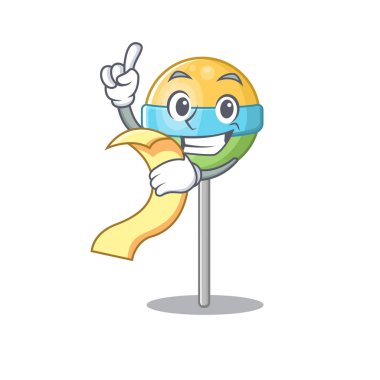 Bill maskotu, karakteri olan lolipopu tutuyor.