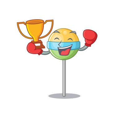 Çizgi filmle izole edilmiş yuvarlak lolipop boks şampiyonu.