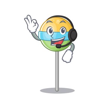 Kulaklıklı, yuvarlak lolipop çizgi filmle izole edilmiş.