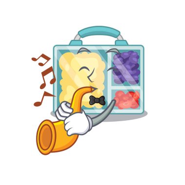 Trompetle izole edilmiş gülümseyen yemek kutusu karakteri