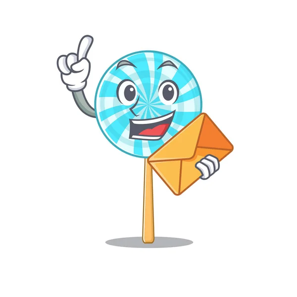 Cara feliz pirulito mascote estilo cartoon com envelope — Vetor de Stock