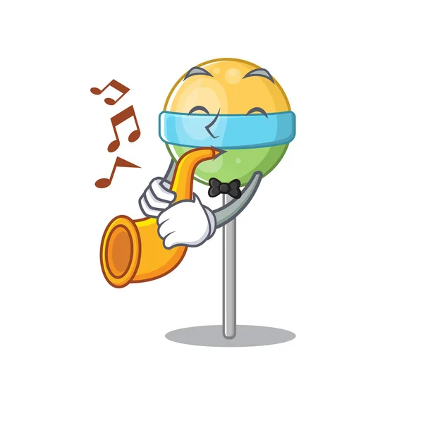 Mascota ronda piruleta un vector de carácter con trompeta — Vector de stock