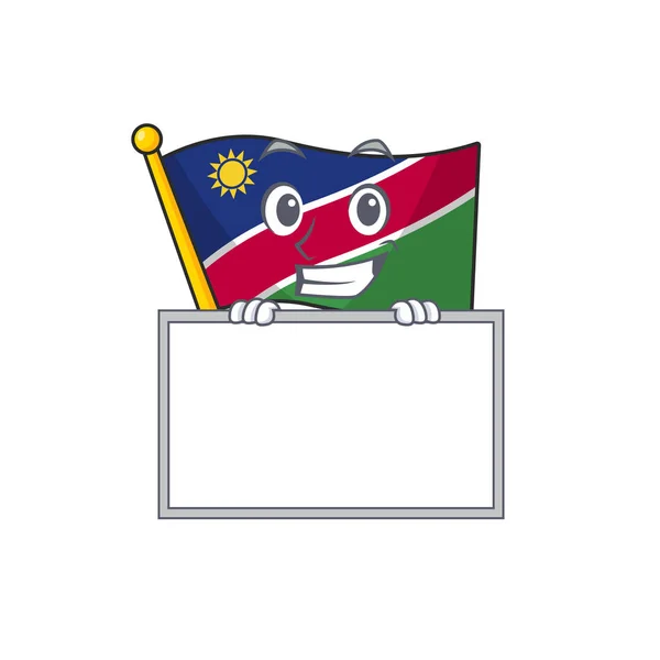 Sorridente bandeira namibia personagem dos desenhos animados sorrindo com o trabalho bordo —  Vetores de Stock