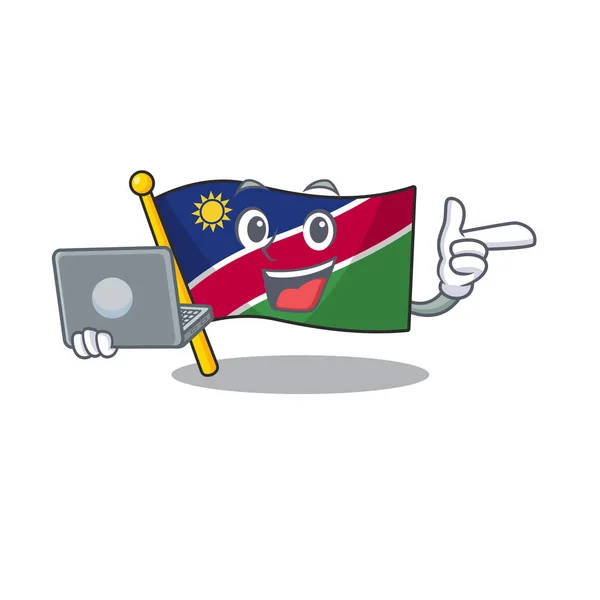 Sorrindo namibia bandeira com trazer o personagem de desenho animado laptop trabalhando —  Vetores de Stock
