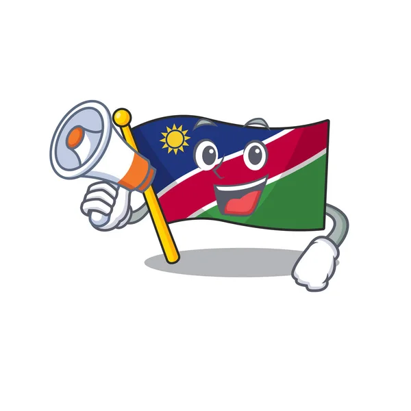 Усміхнений прапор Намібії мультфільм з тримає персонажа мегафон працює — стоковий вектор