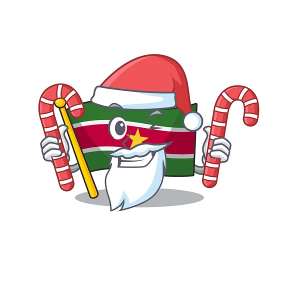 Drapeau suriname mascotte santa apporter des bonbons sur un poteau — Image vectorielle