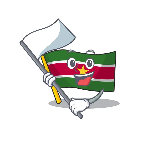 Bandiera suriname mascotte su un palo portare bandiera — Vettoriale Stock