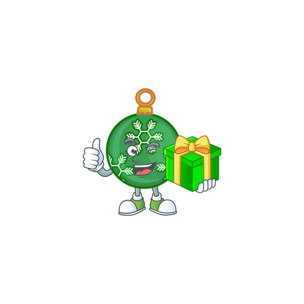 Personaje sosteniendo regalo en la bola de Navidad verde — Vector de stock