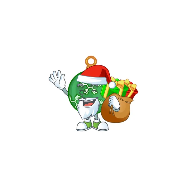 Tecknad grön jul boll med maskot Santa ta med gåva — Stock vektor