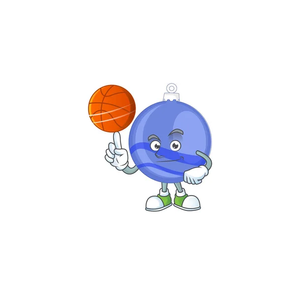 Desenhos animados bola de Natal azul com mascote segurando basquete — Vetor de Stock
