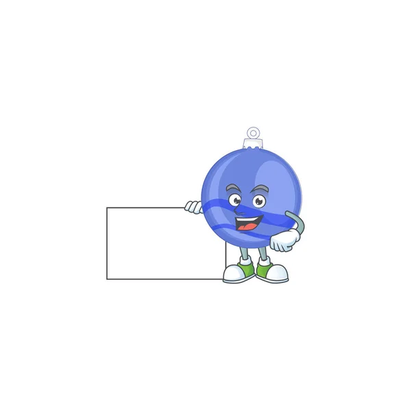 Dibujos animados bola azul de Navidad con la mascota sonriendo con el tablero — Vector de stock