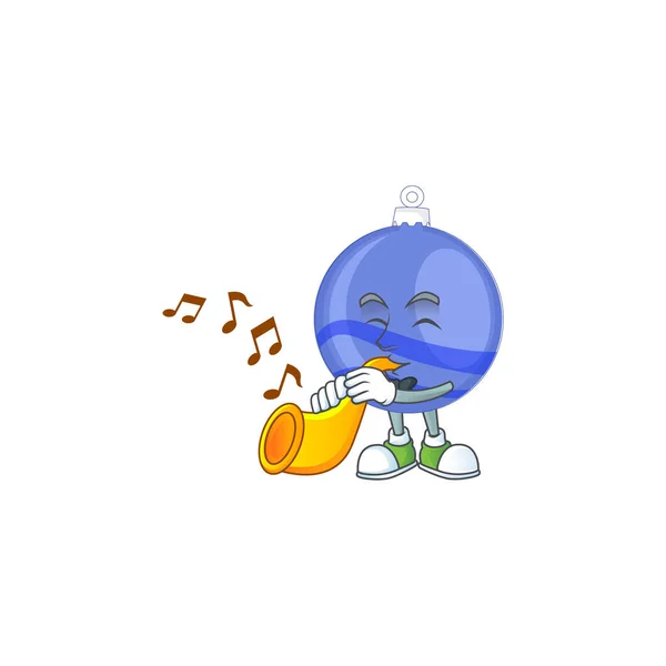 Bande dessinée de boule de Noël bleu brillant avec personnage avec trompette — Image vectorielle