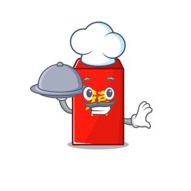 Şef kırmızı zarfın içinde yemek karikatürü tutuyor.