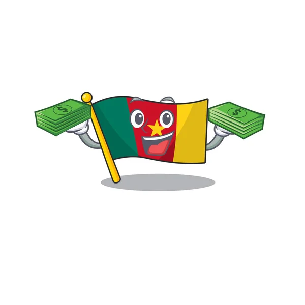 Bandera camerún mascota celebración dinero aislado con lindo — Vector de stock