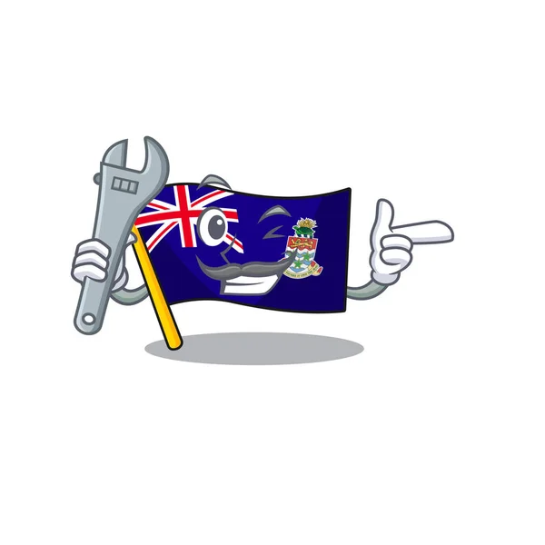 Mechanik šťastný vlajky kajmanské ostrovy s karikaturou — Stockový vektor