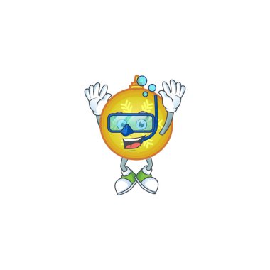 Gülümseyen sarı noel topu çizgi film karakteri tarzı dalış gözlüğü takıyor..