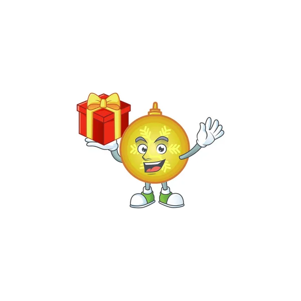 Personaje traer regalo con dibujos animados bola de Navidad amarilla . — Vector de stock