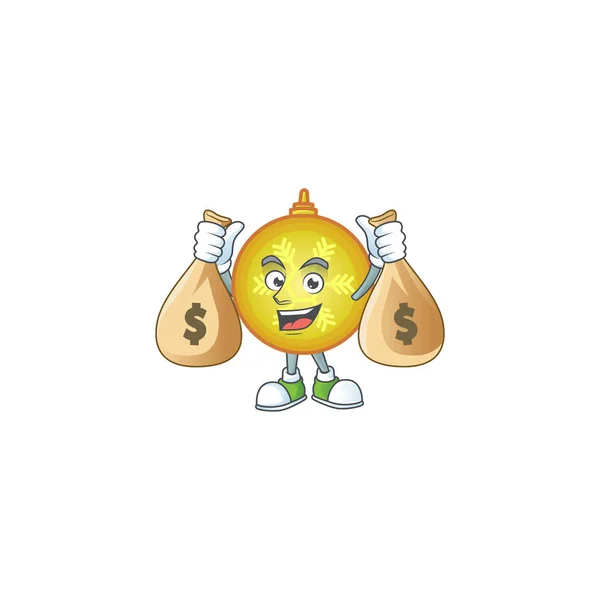 Bonito personagem bola de Natal amarelo sorridente com saco de dinheiro . — Vetor de Stock