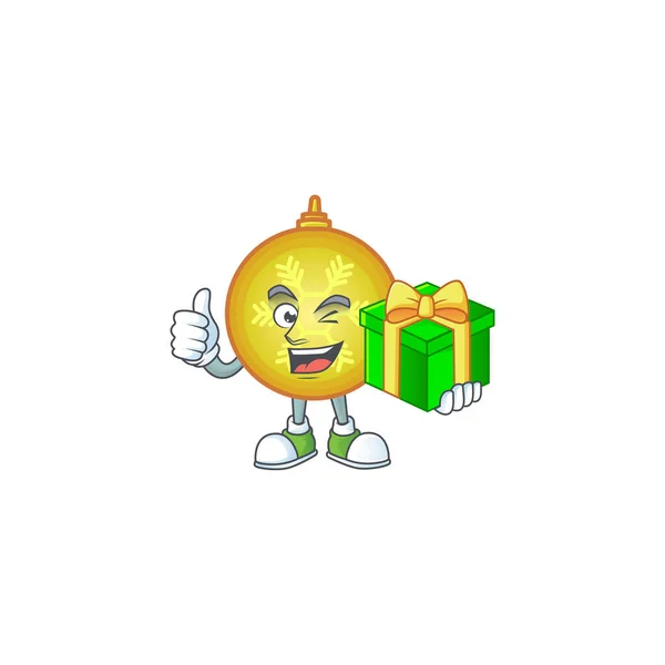 Ilustración vectorial de la feliz bola de Navidad amarilla con caja de regalo . — Vector de stock