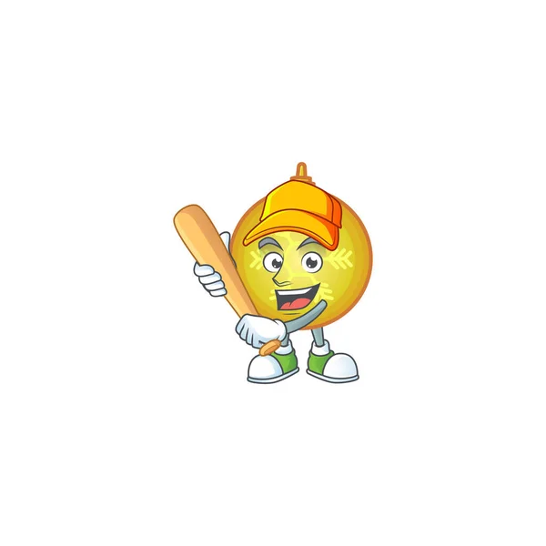 Legrační usmívající se žluté vánoční míč karikatura maskot hraje baseball. — Stockový vektor