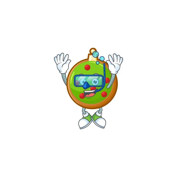Sorrindo natal bola desenho animado personagem estilo vestindo óculos de mergulho . — Vetor de Stock