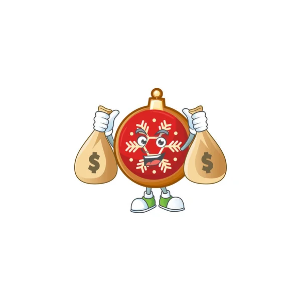 Mignon personnage de boule de Noël rouge souriant avec sac d'argent . — Image vectorielle