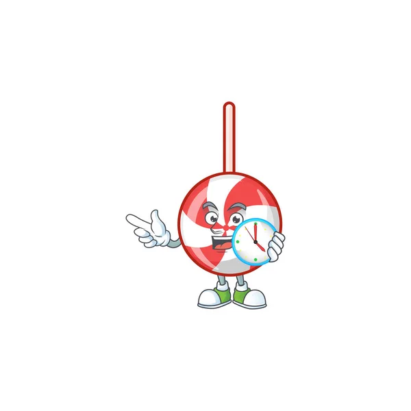 Com relógio sorrindo listrado hortelã-pimenta doce estilo mascote desenhos animados — Vetor de Stock