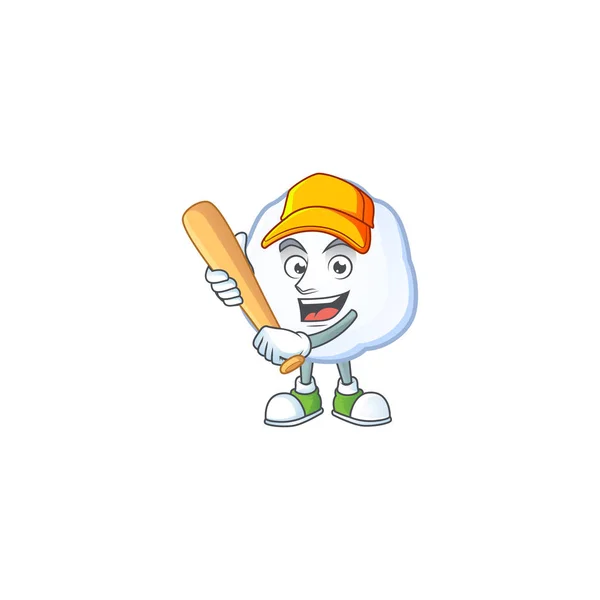 Engraçado sorrindo bola de neve banda desenhada mascote jogando beisebol — Vetor de Stock