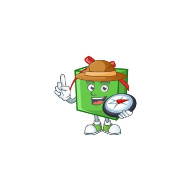 Kâşif yeşil hediye kutusu çizgi film karakteri pusula tutuyor.