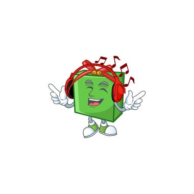 Müzik dinlemek yeşil hediye kutusu maskot tasarım tarzı