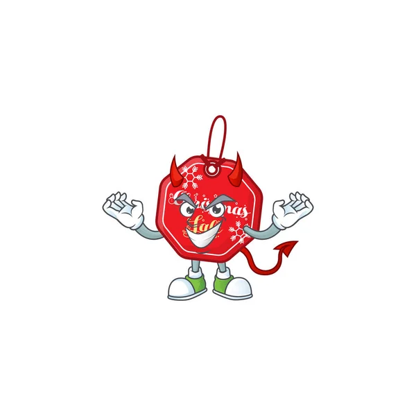 悪魔のジェスチャーデザイン上のクリスマスセールタグのマスコット漫画 — ストックベクタ