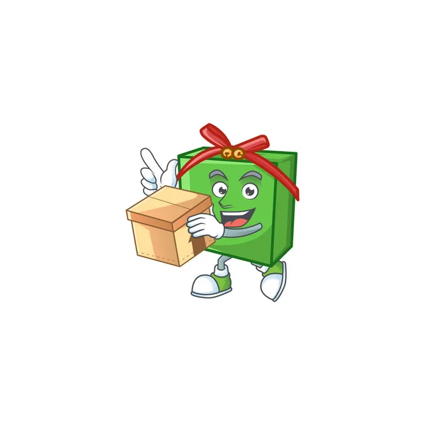 Med box Super rolig grön presentförpackning tecknad karaktär stil — Stock vektor