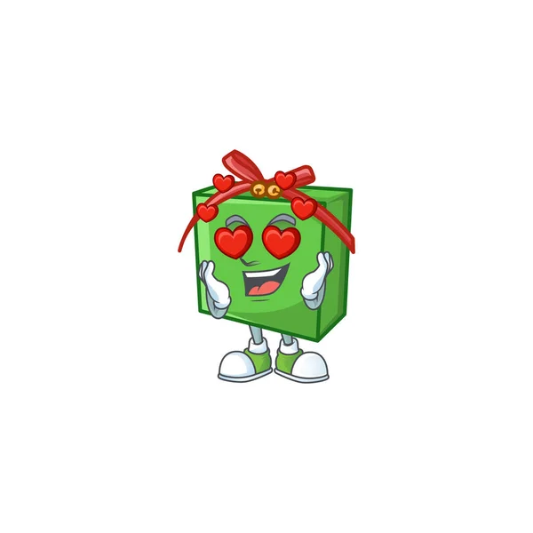 Ερωτεύεται χαρούμενο χαριτωμένο πράσινο κουτί δώρου σχέδιο κινουμένων σχεδίων — Διανυσματικό Αρχείο