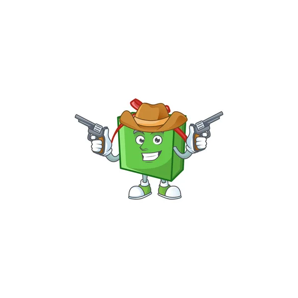 Green gift box cartoon character as a Cowboy holding guns — ストックベクタ